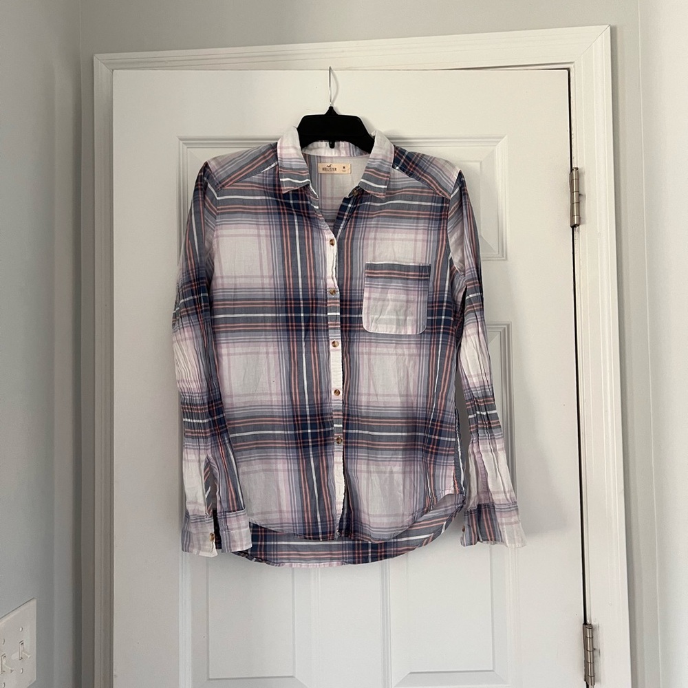 Hollister Vintage Y2K Blue Pink Plaid Long Sleeve Button Up Shirt Size M Preppy